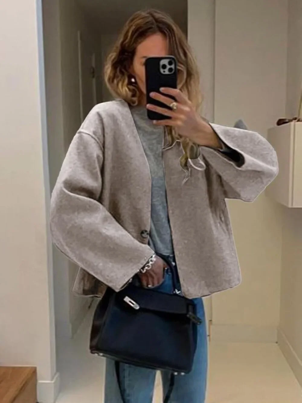 Women's Beige Wool Blend Cropped Collarless Long Sleeve Short Fall Pea Overcoat